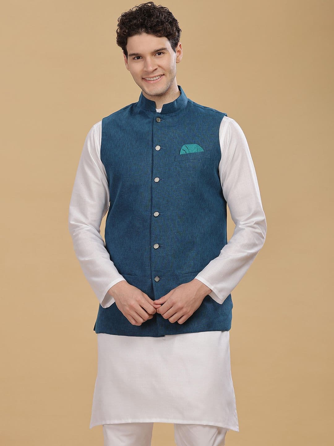 Anouk Men Cotton Linen Woven Nehru Jackets - view 1
