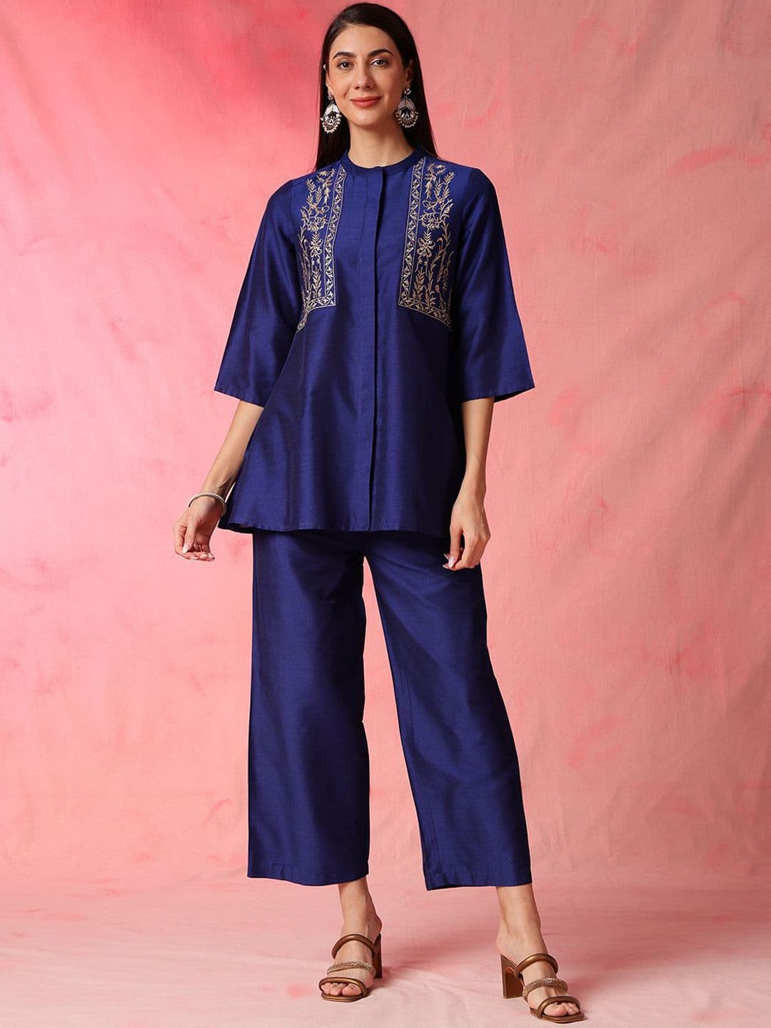 Anouk Blue Embroidered Mandarin Collar Top With Palazzos - view 1