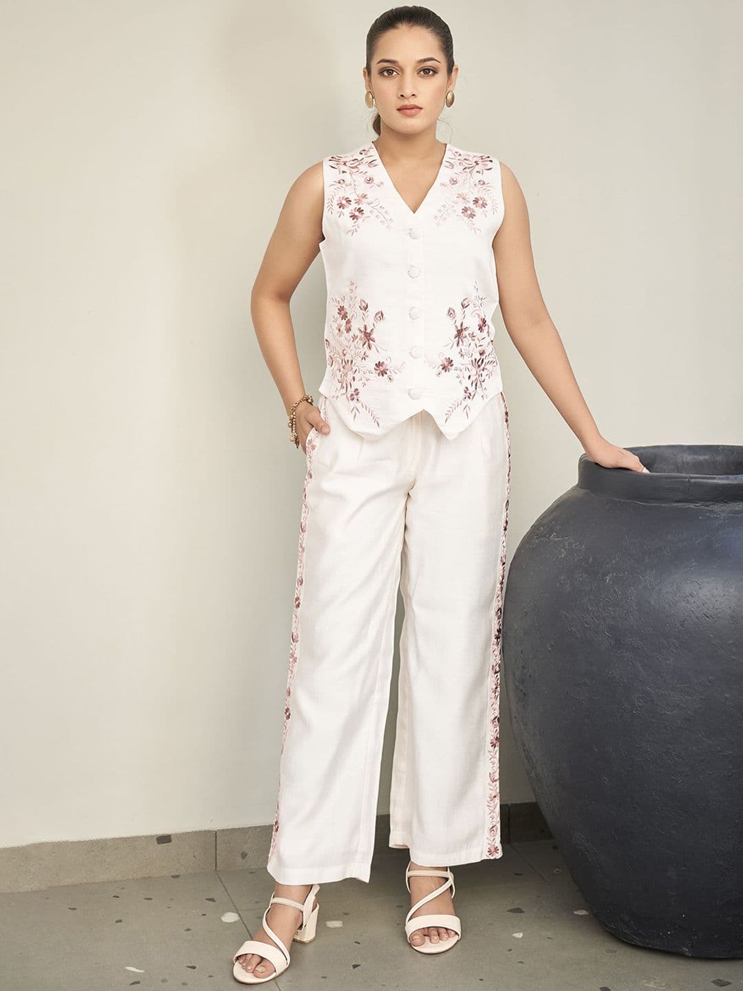 Anouk White Floral Embroidered V Neck Waistcoat With Trousers - view 1