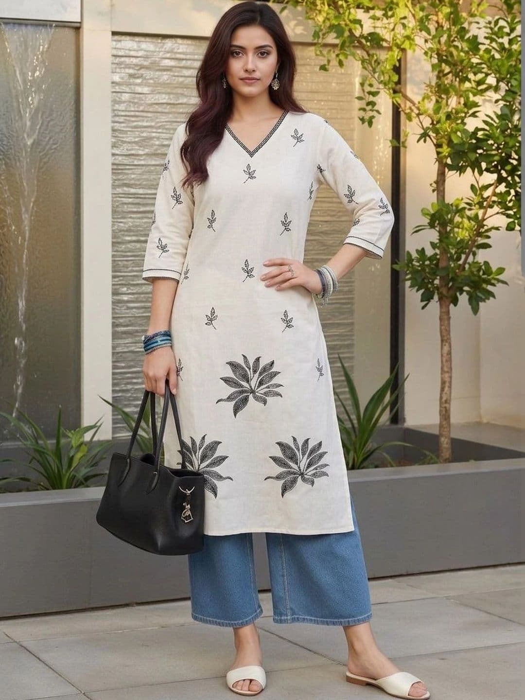 AXI COUTURE Botanical Embroidered V-Neck Pure Cotton Kurti - view 1