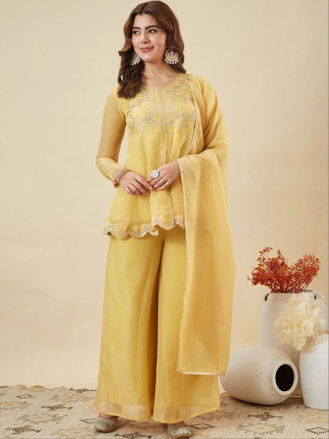 SACi Women Ethnic Motifs Embroidered Empire Silk Chiffon Kurta with Palazzos & With Dupatta - view 1