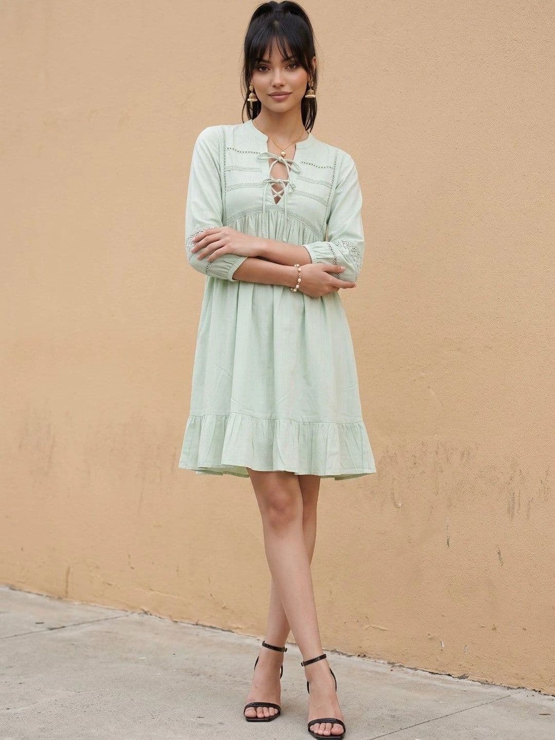 fusion by glitchez Tie-Up Neck Ruffled A-Line Dress - view 1