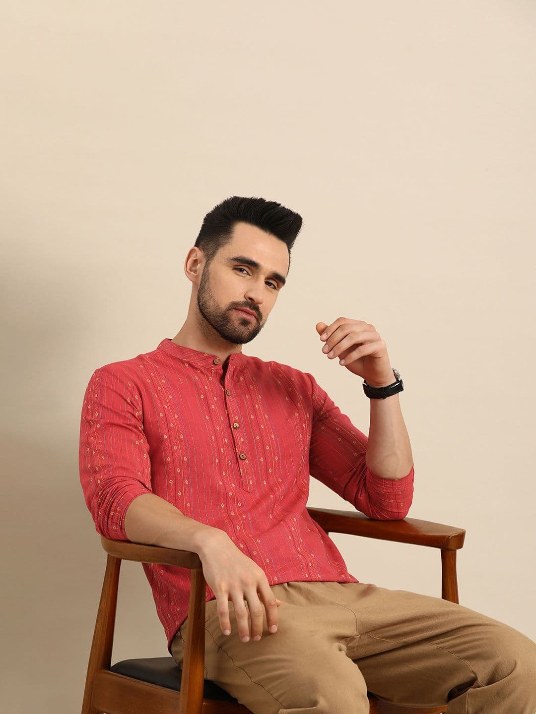 Anouk Men Coral Red Embroidered Mandarin Collar Short Kurta - view 1