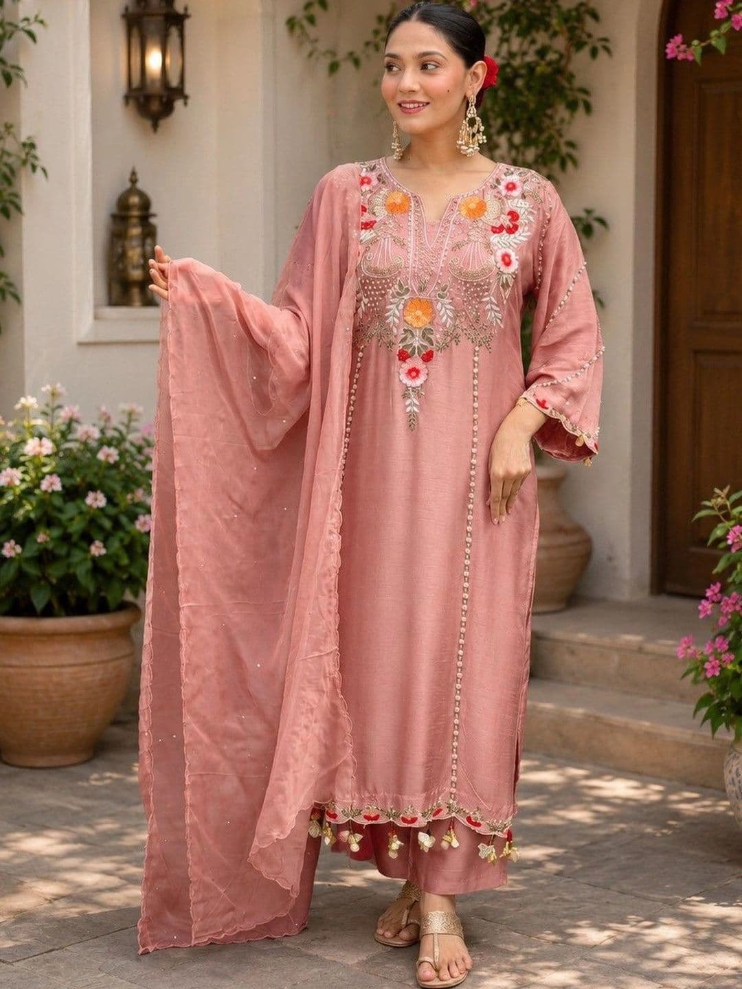 ANITYA Women Floral Embroidered Regular Thread Work Chanderi Cotton Kurta with Palazzos & With Dupatta - view 1