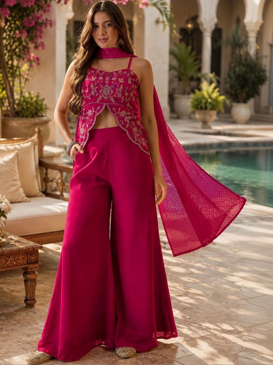 ANITYA Women Ethnic Motifs Embroidered Regular Thread Work Kurta with Palazzos & With Dupatta - view 1