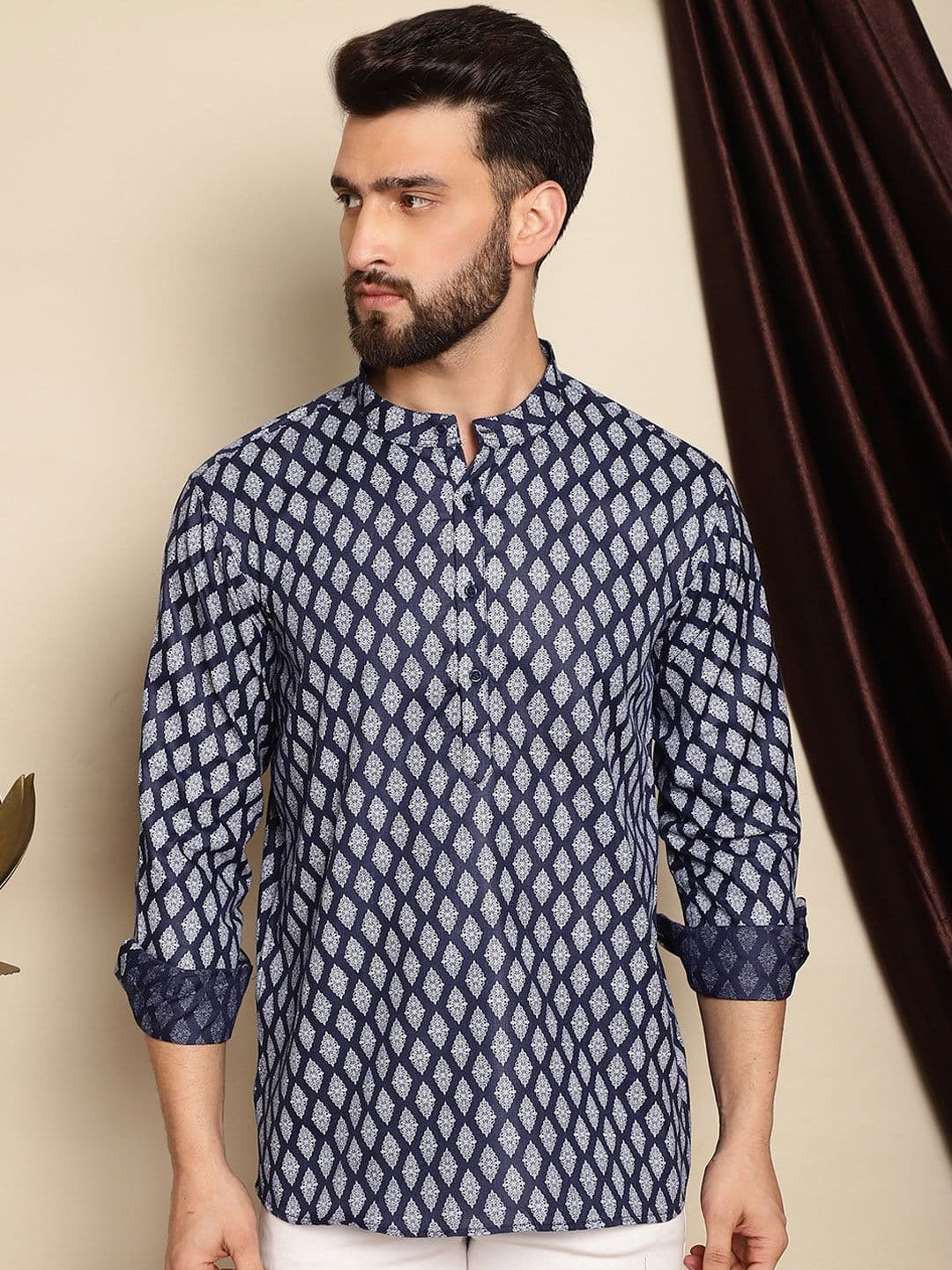 Anouk Ethnic Motifs Printed Band Collar Cotton Linen Straight Short Kurta - view 1