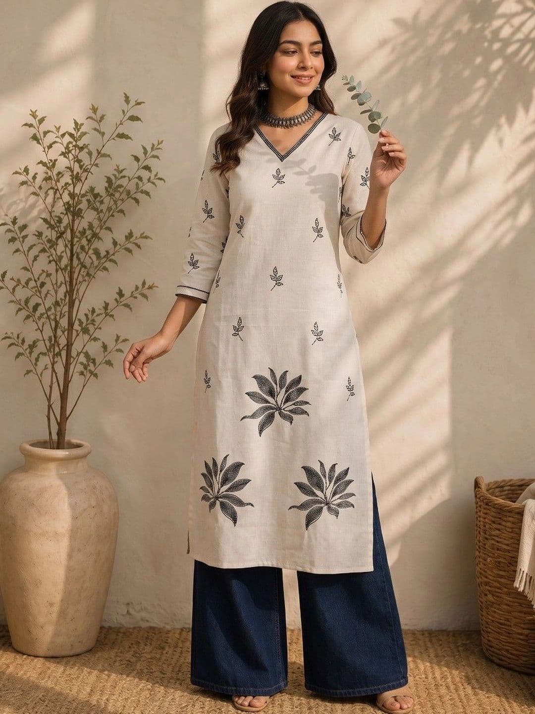 HOUSE OF AXI Botanical Printed V-Neck Pure Cotton Kurti - view 1
