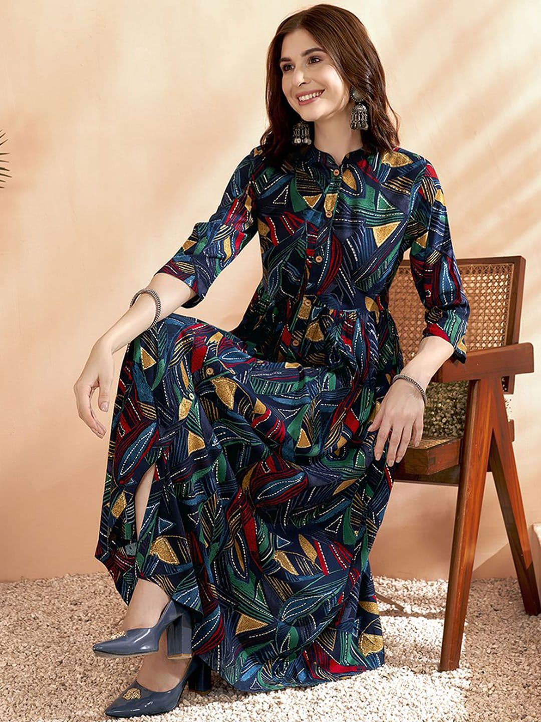 Anouk Navy Blue Abstract Printed A-Line Ethnic Dresses - view 1
