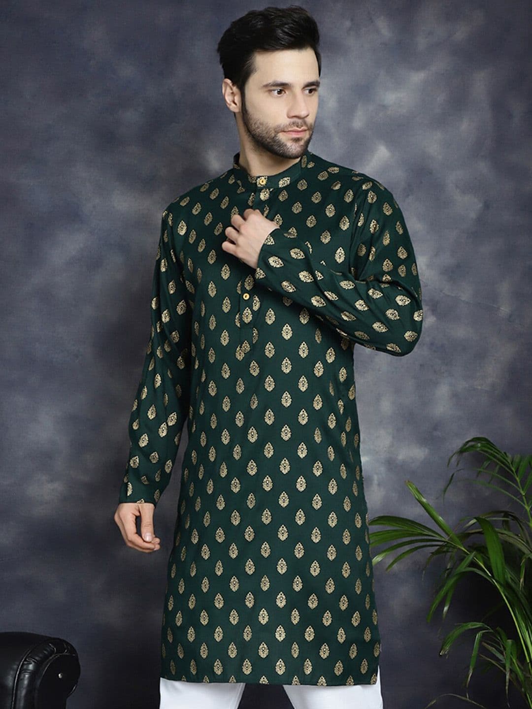 Anouk Olive Green Ethnic Motifs Printed Band Collar Straight Kurta - view 1