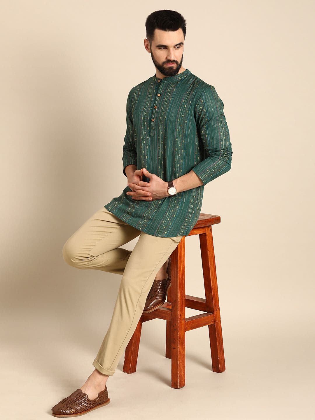 Anouk Men Green & Gold-Toned Striped Thread Work Straight Short Kurta - view 1