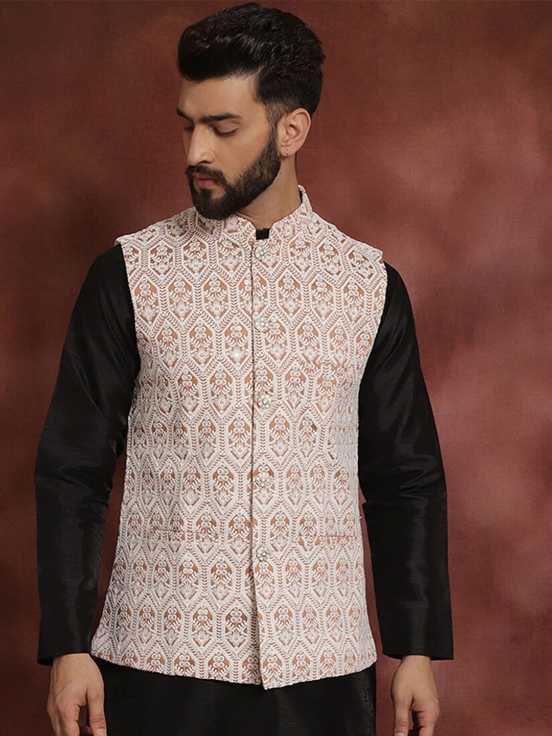 Anouk Peach-Coloured Embroidered Mandarin Collar Nehru Jacket - view 1
