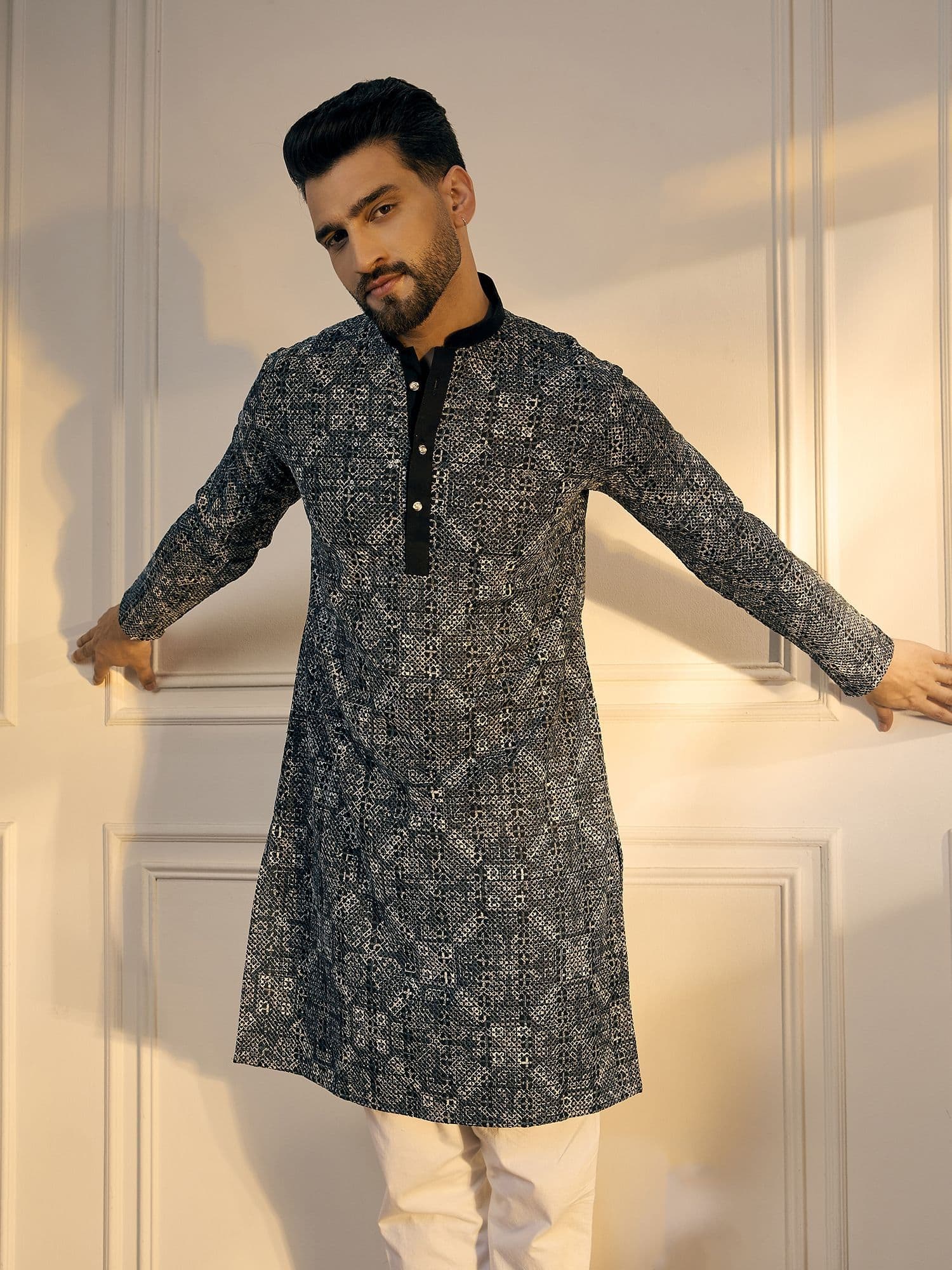 Anouk Black Geometric Embroidered Sequinned Mandarin Collar Straight Kurta - view 1