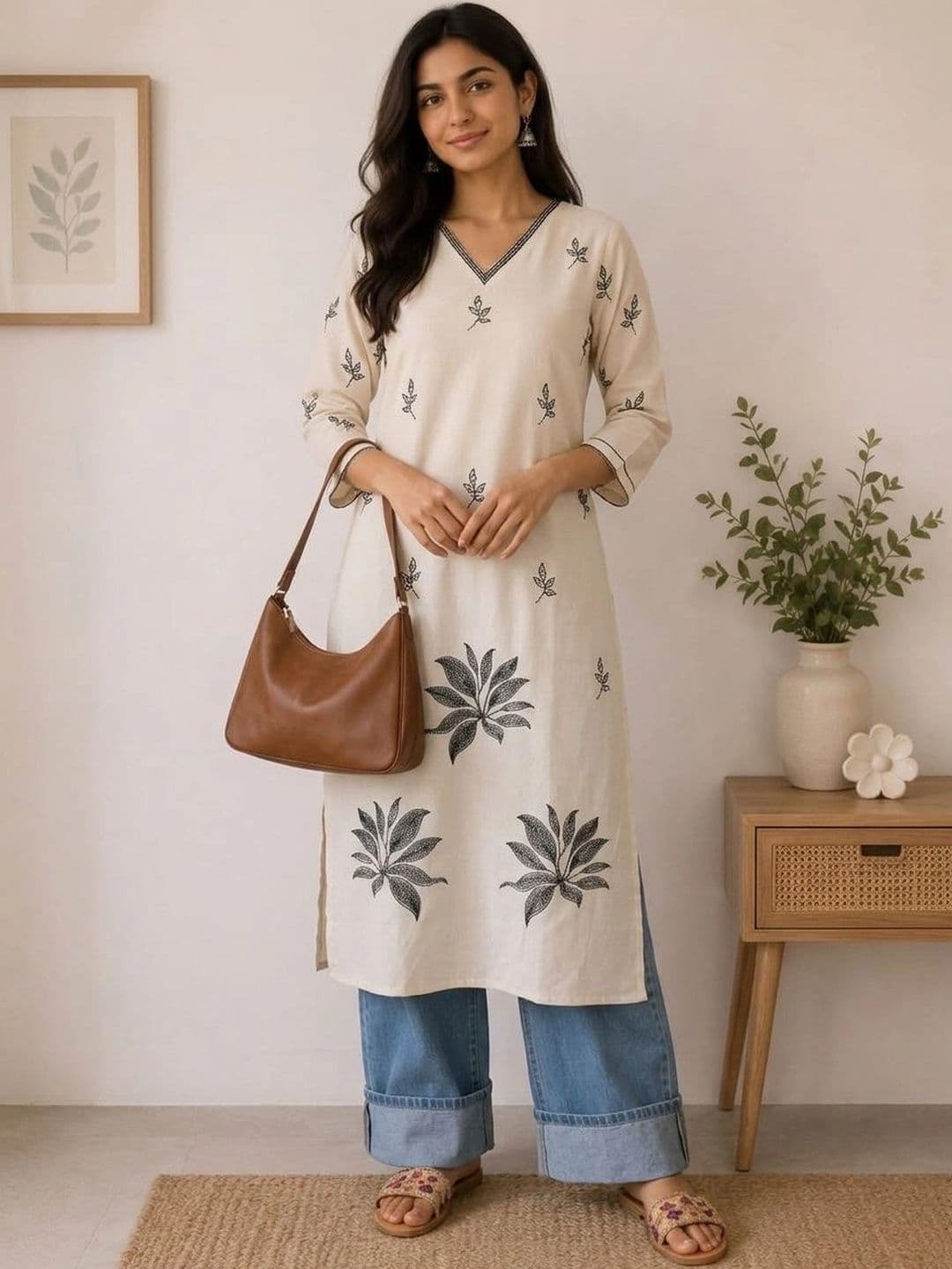 HOUSE OF AXI Botanical Printed V-Neck Pure Cotton Kurti - view 1