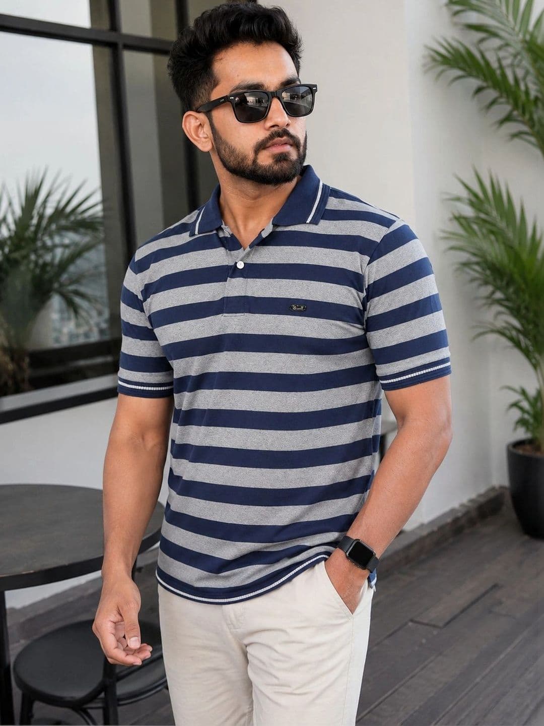 OZONECO Men Striped Polo Collar T-shirt - view 1