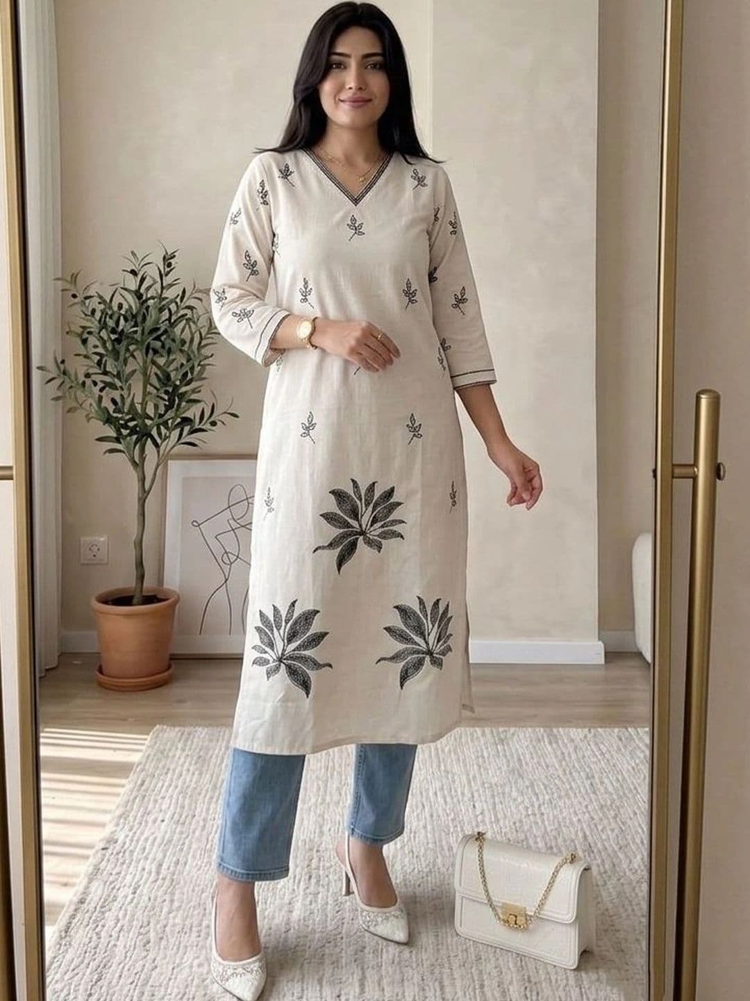 AXI COUTURE Botanical Printed V-Neck Pure Cotton Kurti - view 1