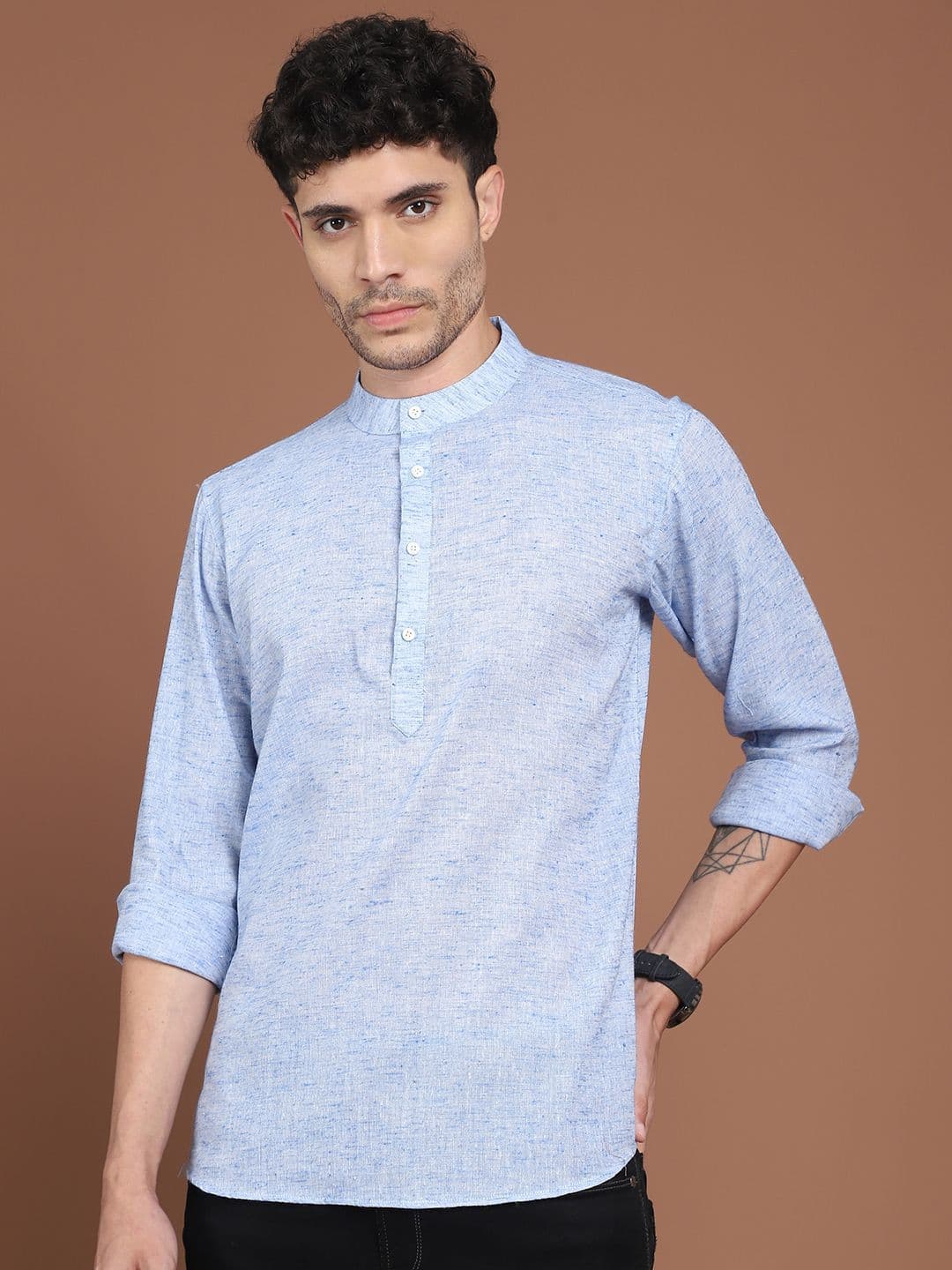 Anouk Blue Linen Mandarina Collar Dobby Short Kurta - view 1