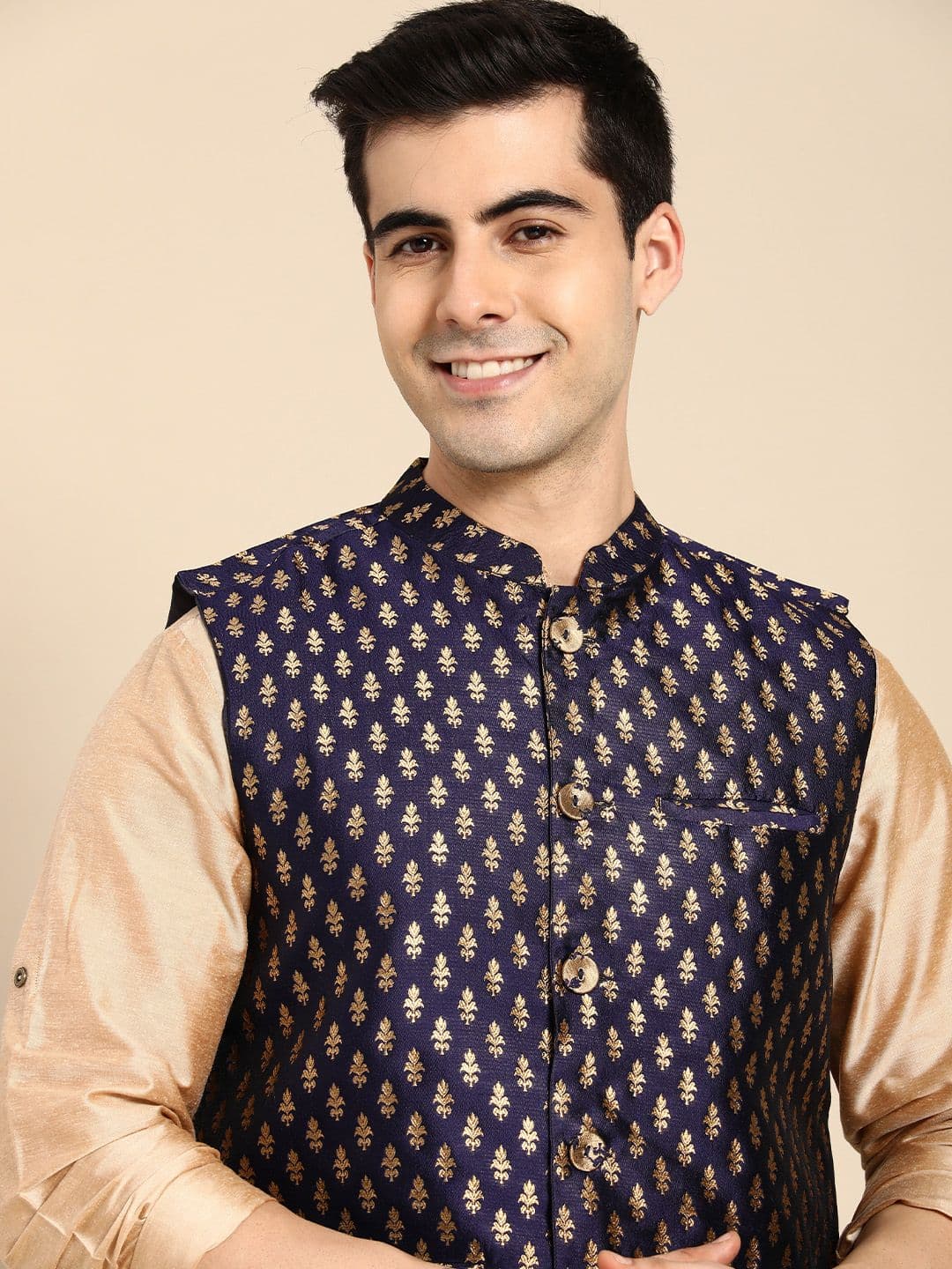Anouk Men Blue & Gold-Toned Woven Design Nehru Jacket - view 1