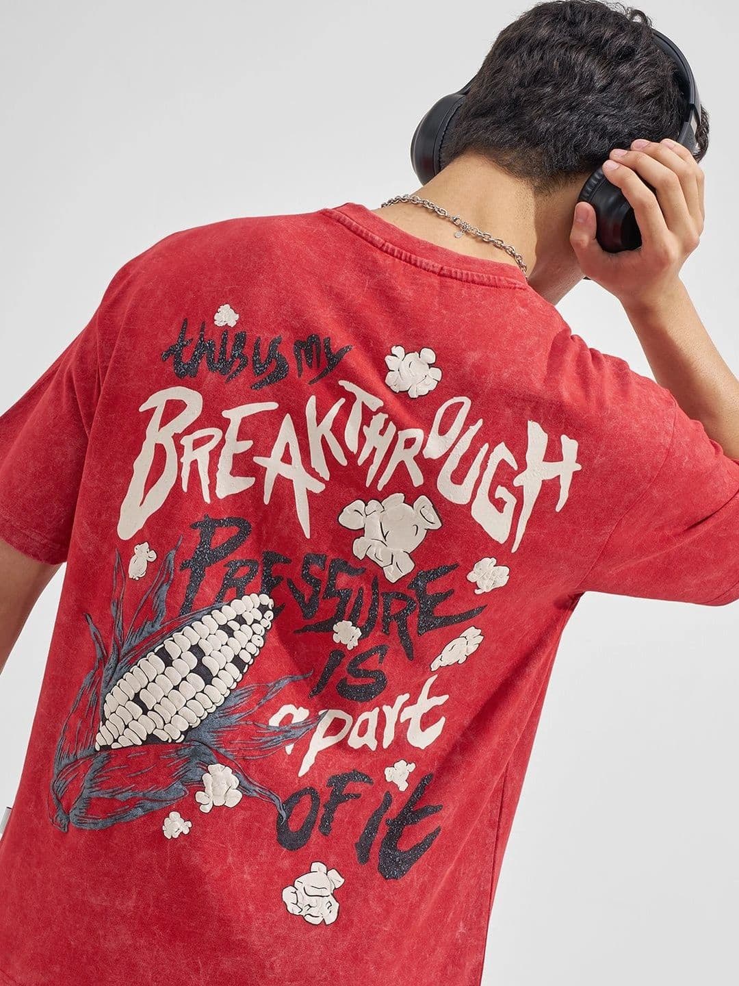 HIGHLANDER Men Relaxed Fit Red Round Neck Half Sleeve Drop Shoulder Graphic Tshirts - view 1