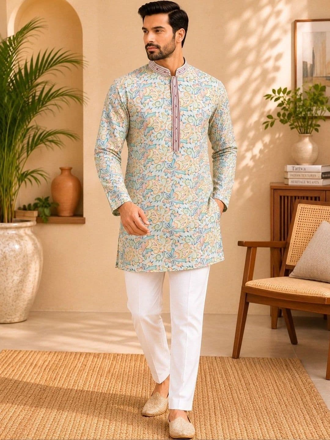 TATTVA Men Floral Thread Work Floral Jacquard Kurta - view 1