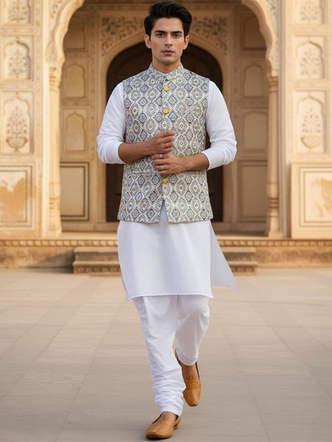 Anouk Men's Ethnic Jacquard Regular Fit Nehru Jacket - view 1