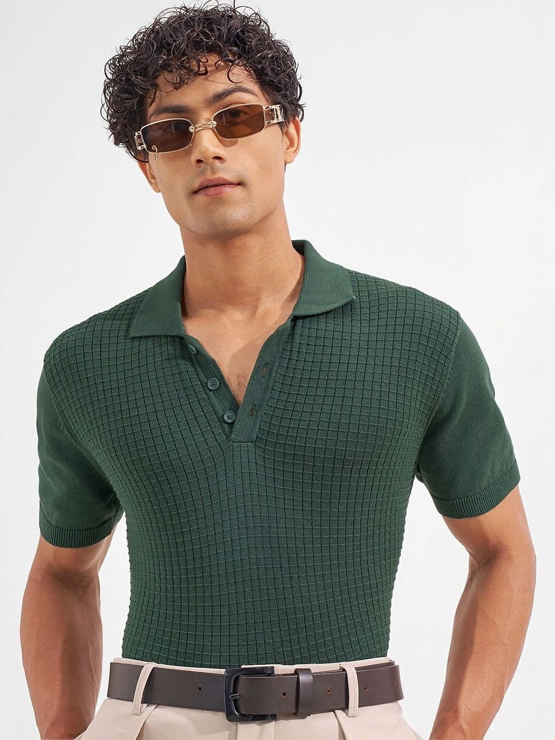 HIGHLANDER Men Relaxed Fit Green Round Neck Half Sleeve Drop Shoulder Self Design Tshirts - view 1