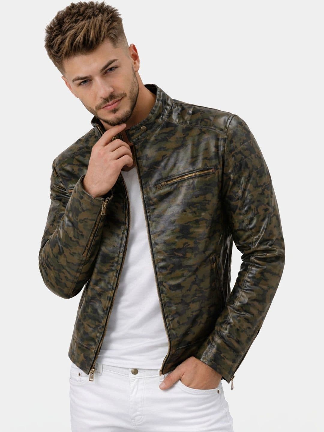 Leather Retail Men Camouflage Outdoor Biker Jacket - view 1