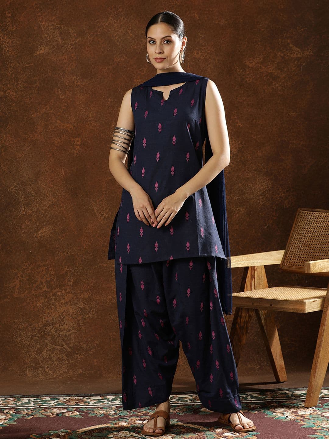 Anouk Women Cotton Printed Notch Neck Straight Kurti Farshi Salwar with Dupatta - view 1