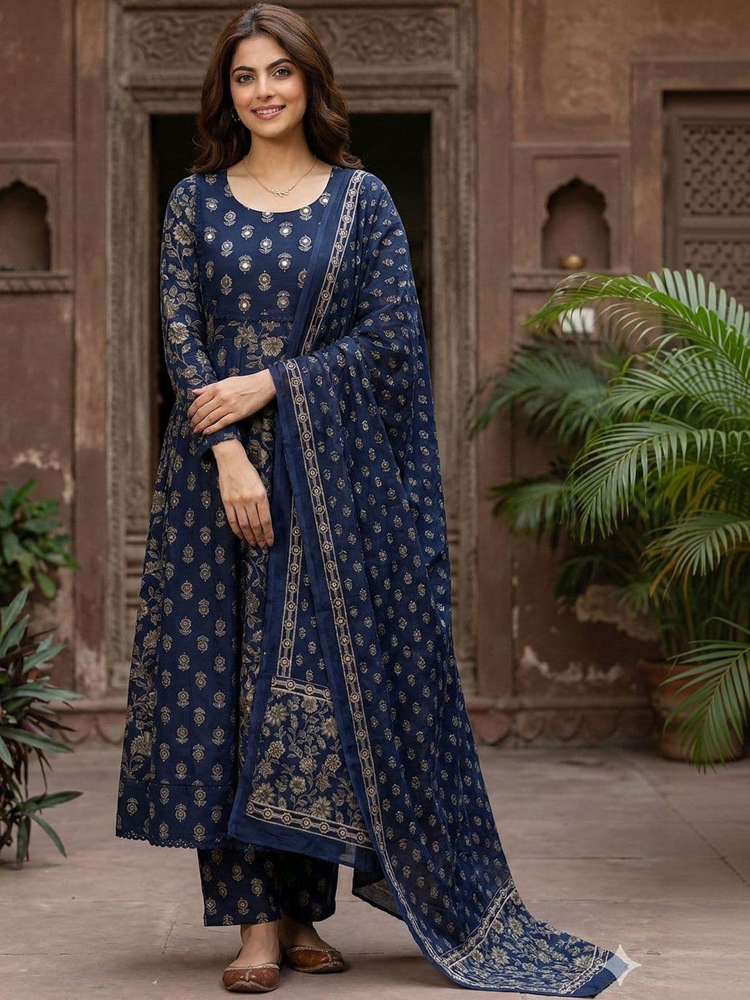 Anouk Women Floral Embroidered Regular Mirror Work Pure Cotton Kurta with Trousers & With Dupatta - view 1