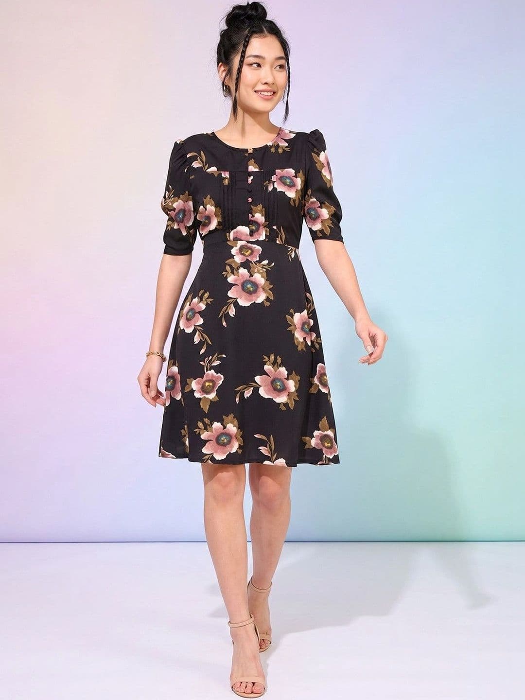 DressBerry Floral Print Puff Sleeve Crepe A-Line Dress - view 1