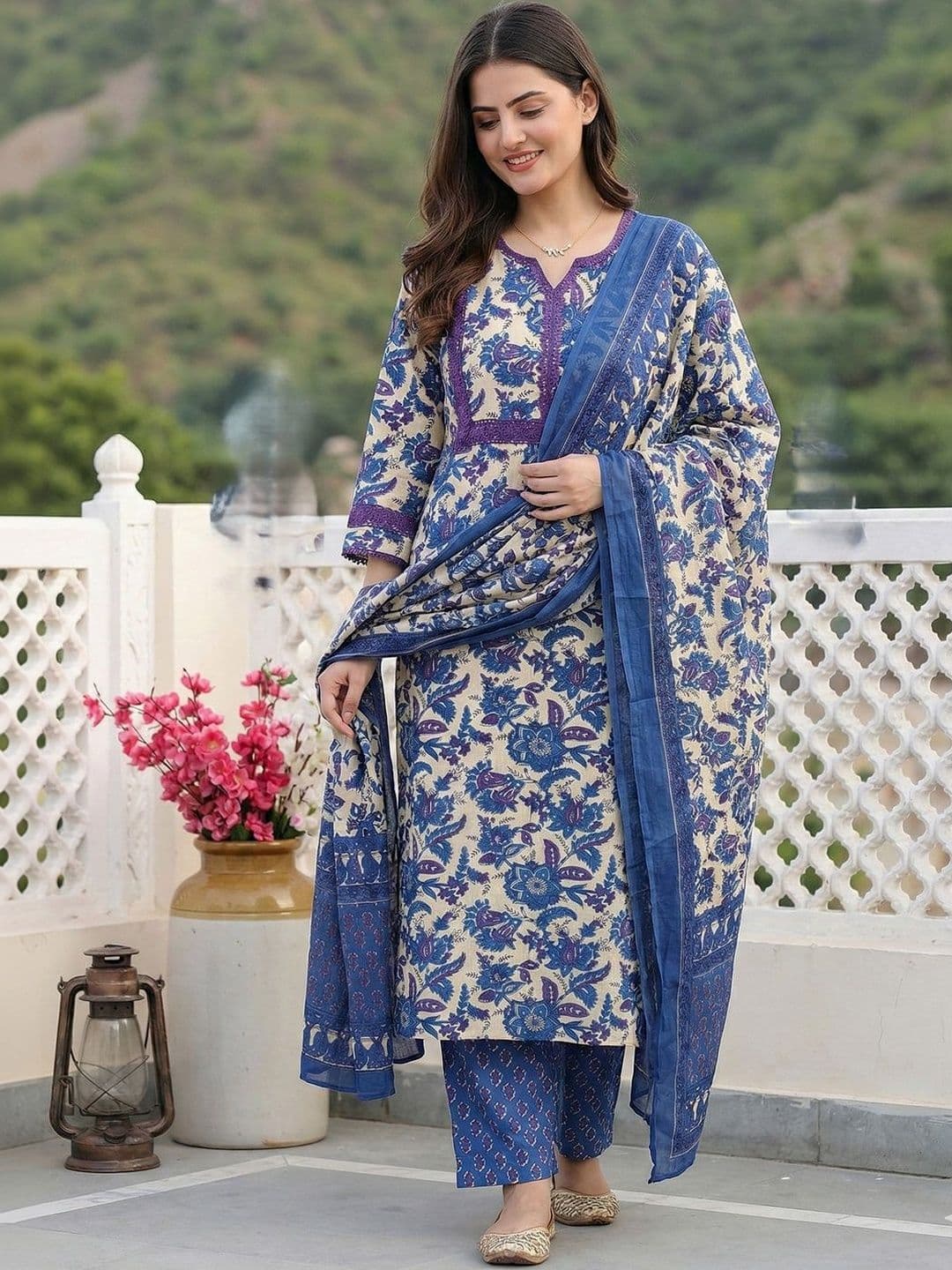 Anouk Women Floral Printed Regular Thread Work Pure Cotton Kurta with Trousers & With Dupatta - view 1