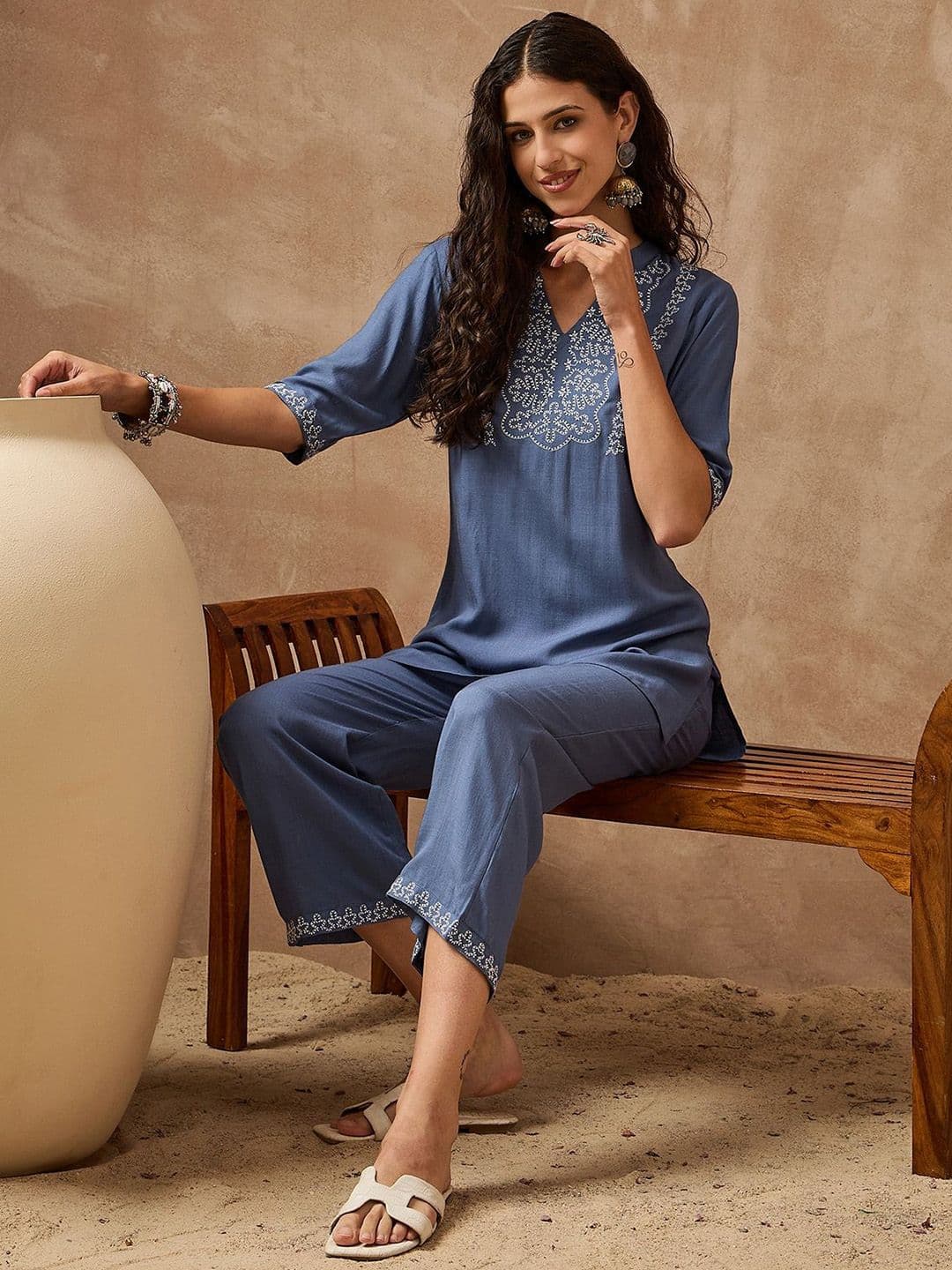 Anouk Embroidered V-Neck Tunic With Trousers Co-Ords - view 1