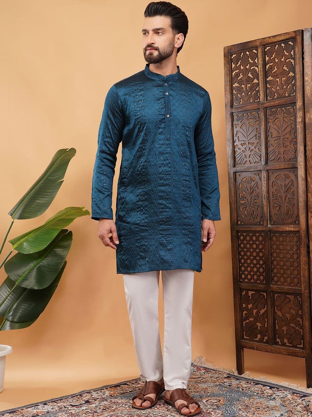 Anouk Men Embroidered Mandarin Collar Regular Sleeves Mirror Work Kurta - view 1