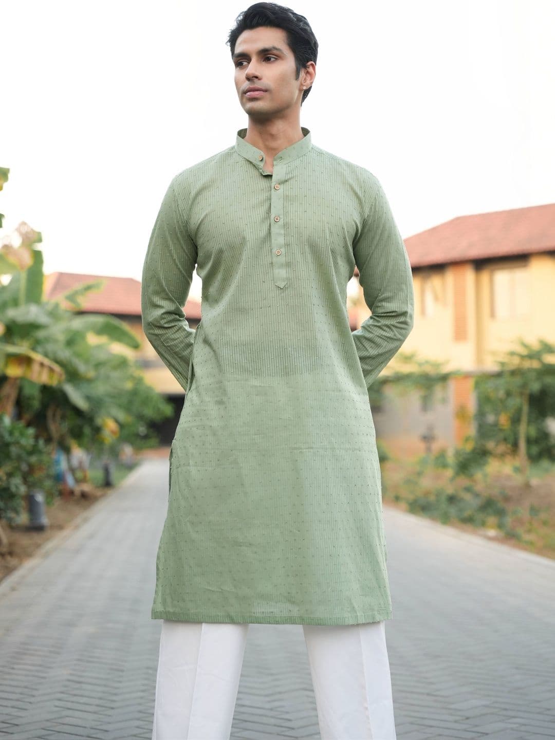 Anouk Men's Green Self-Design Cotton Straight Kurta - view 1