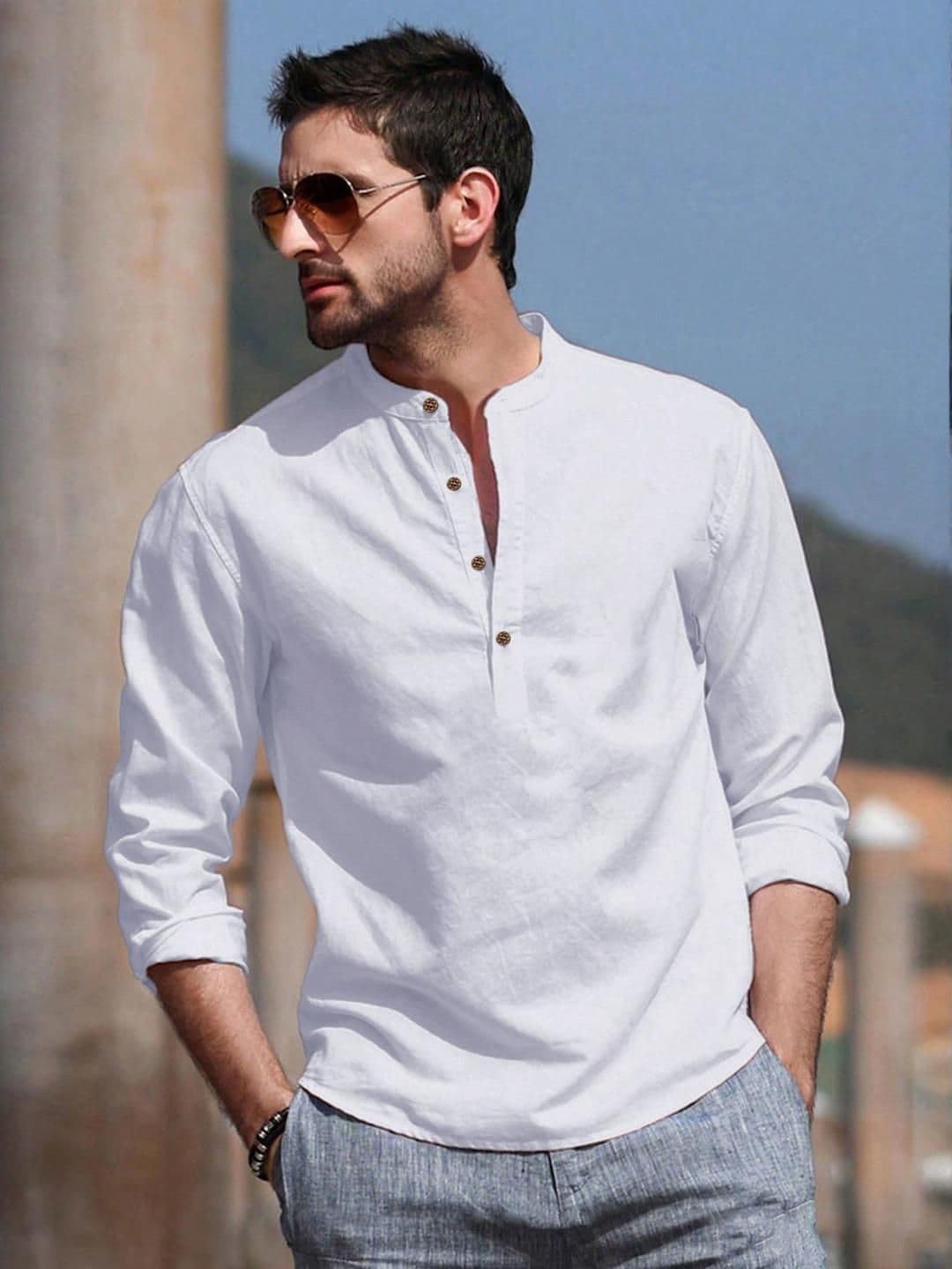 Anouk Cotton Roll-Up Sleeves Band Collar Straight Short Kurta - view 1
