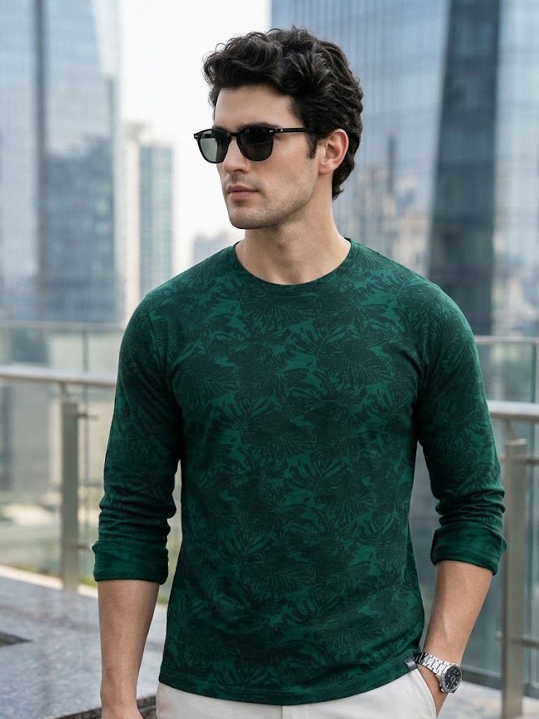 Urbano Fashion Men Teal Green Slim Fit Tropical Printed Pure Cotton T-shirt - view 1