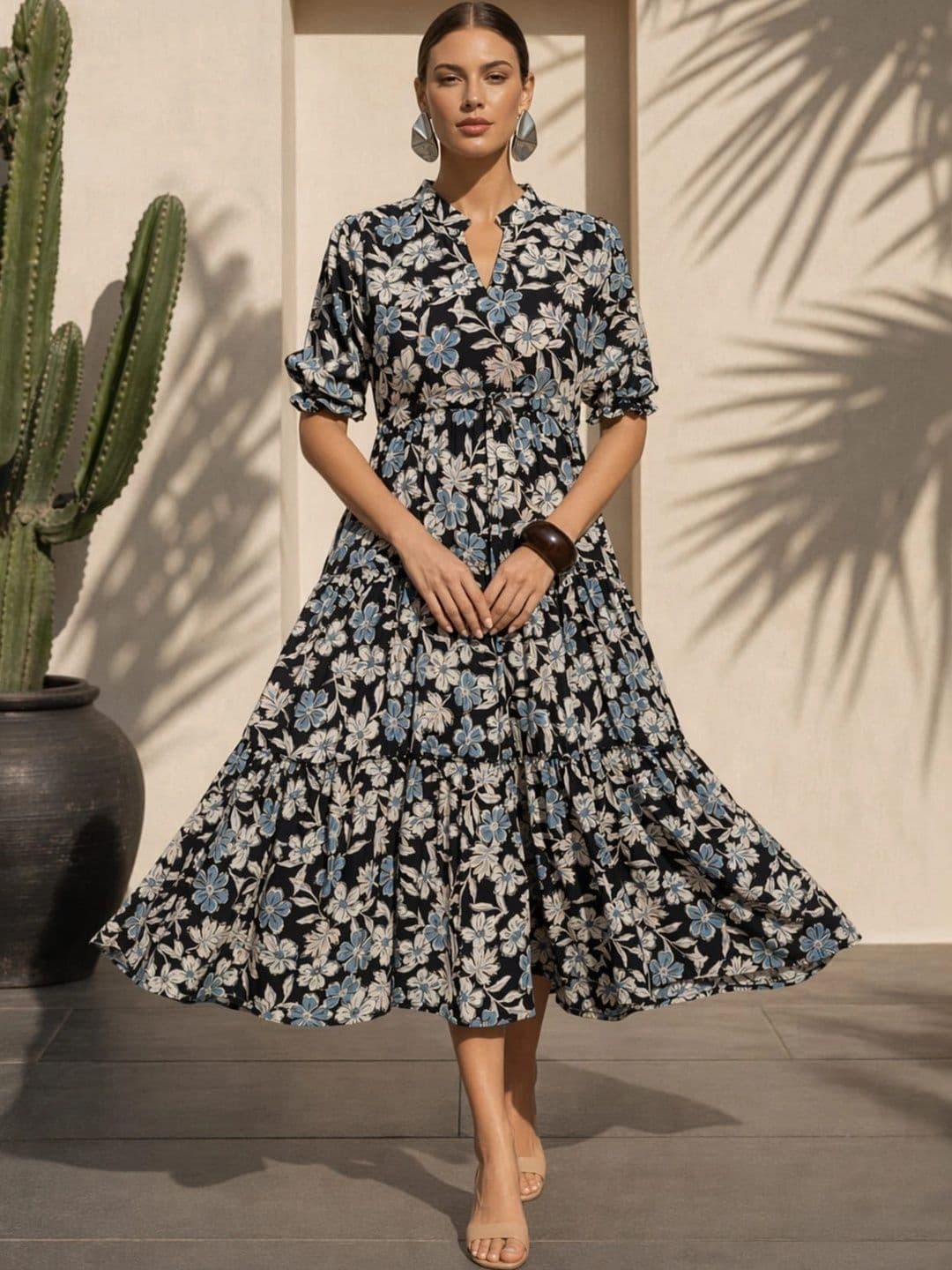 YUVITY Floral Print Puff Sleeve A-Line Midi Dress - view 1