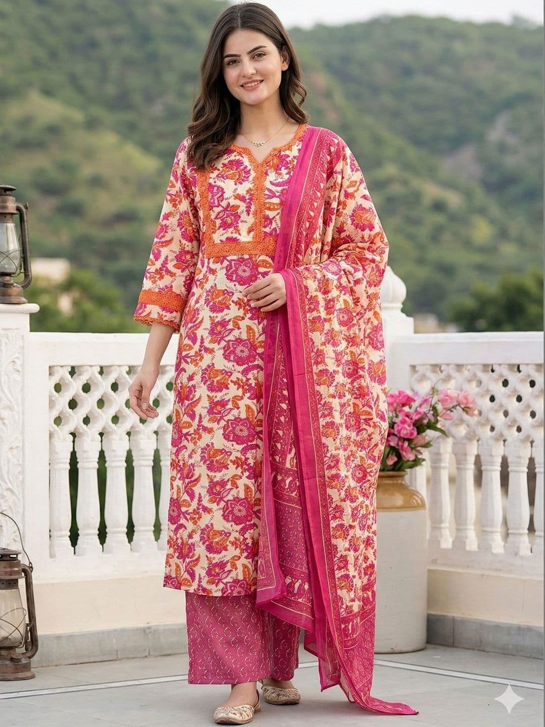 Anouk Women Floral Printed Regular Pure Cotton Kurta with Palazzos & With Dupatta - view 1