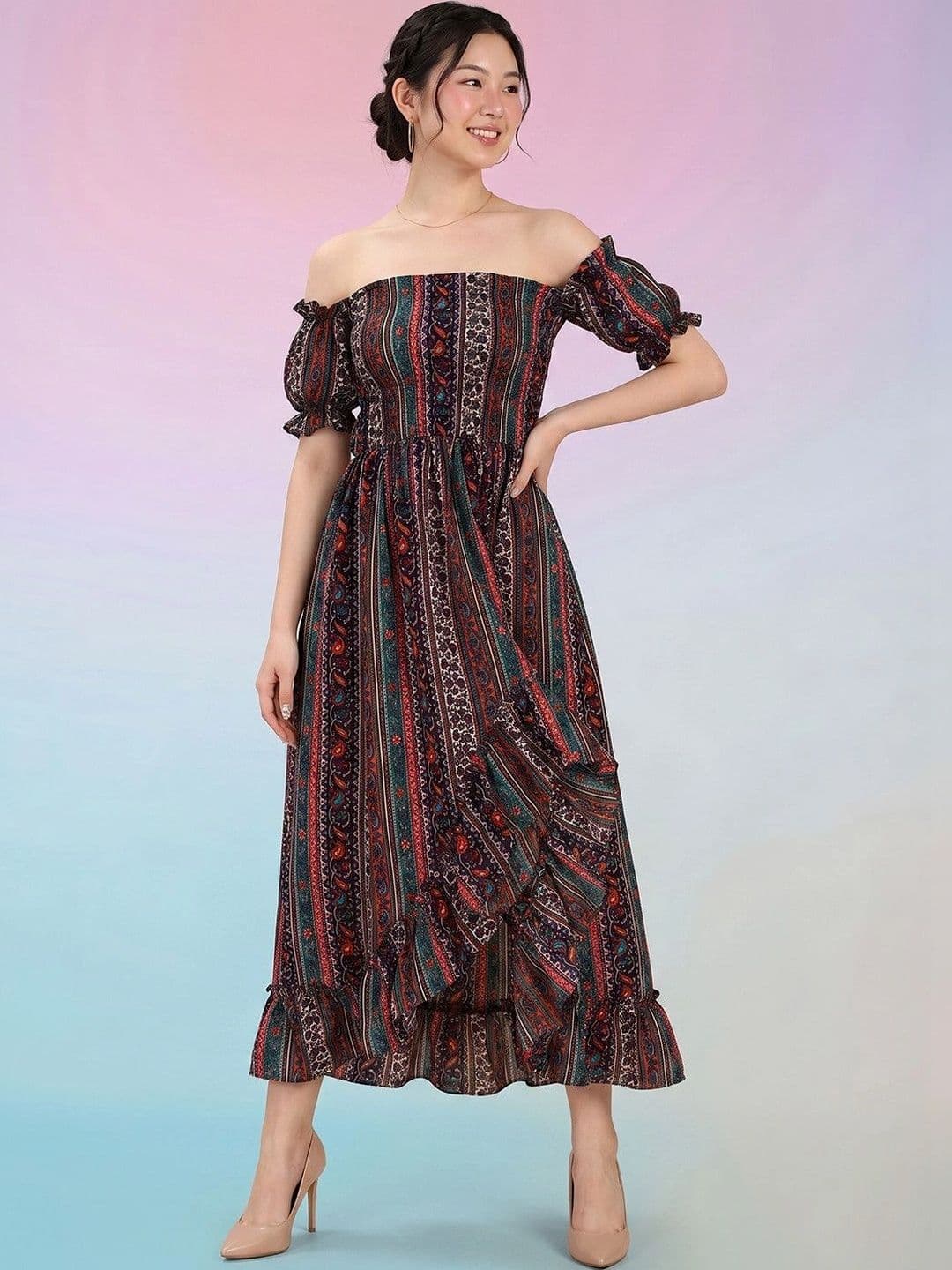 DressBerry Bohemian Print Off-Shoulder Puff Sleeve Ruffled Crepe A-Line Midi Dress - view 1