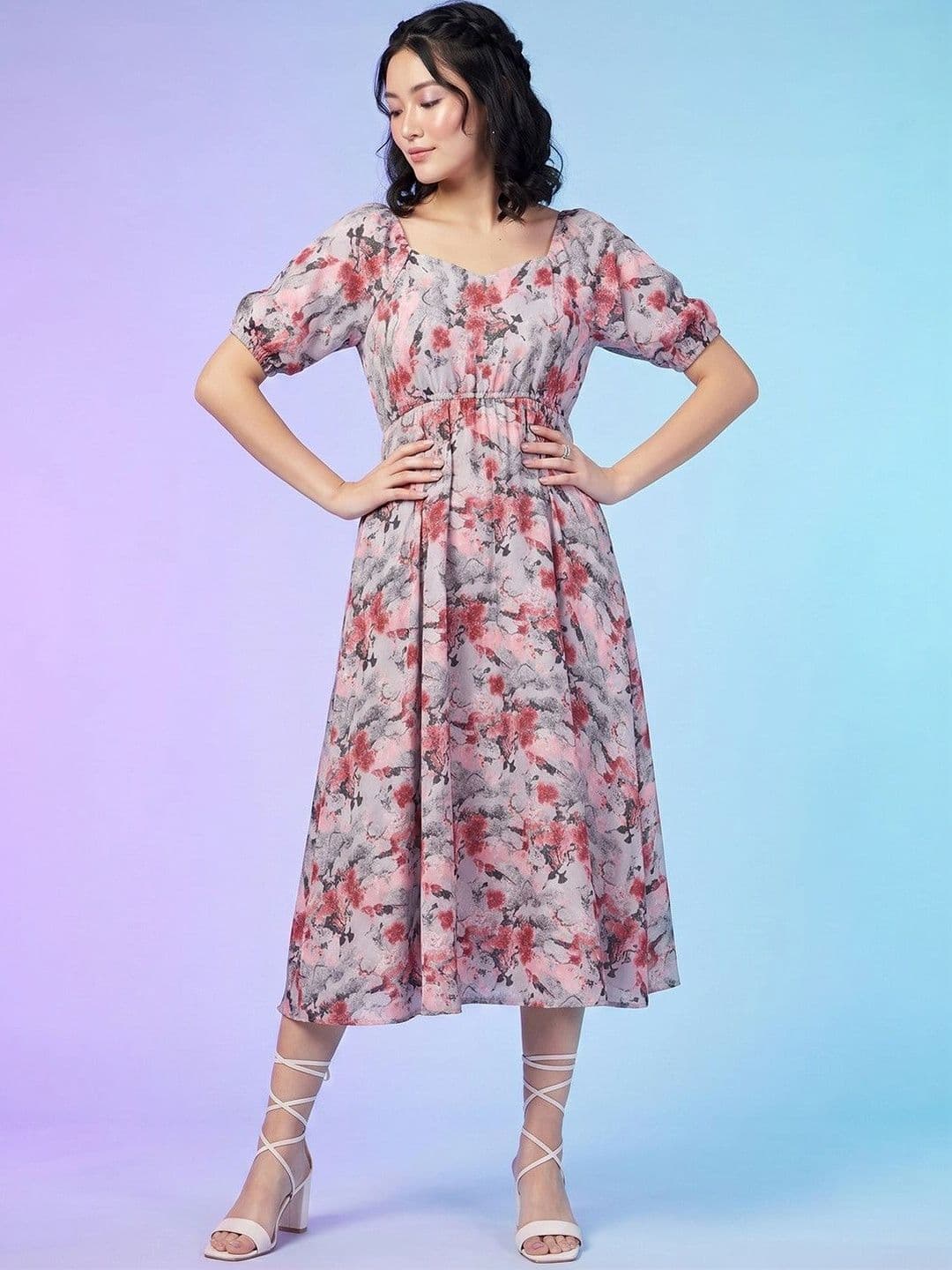 DressBerry Floral Print Puff Sleeve Crepe A-Line Midi Dress - view 1