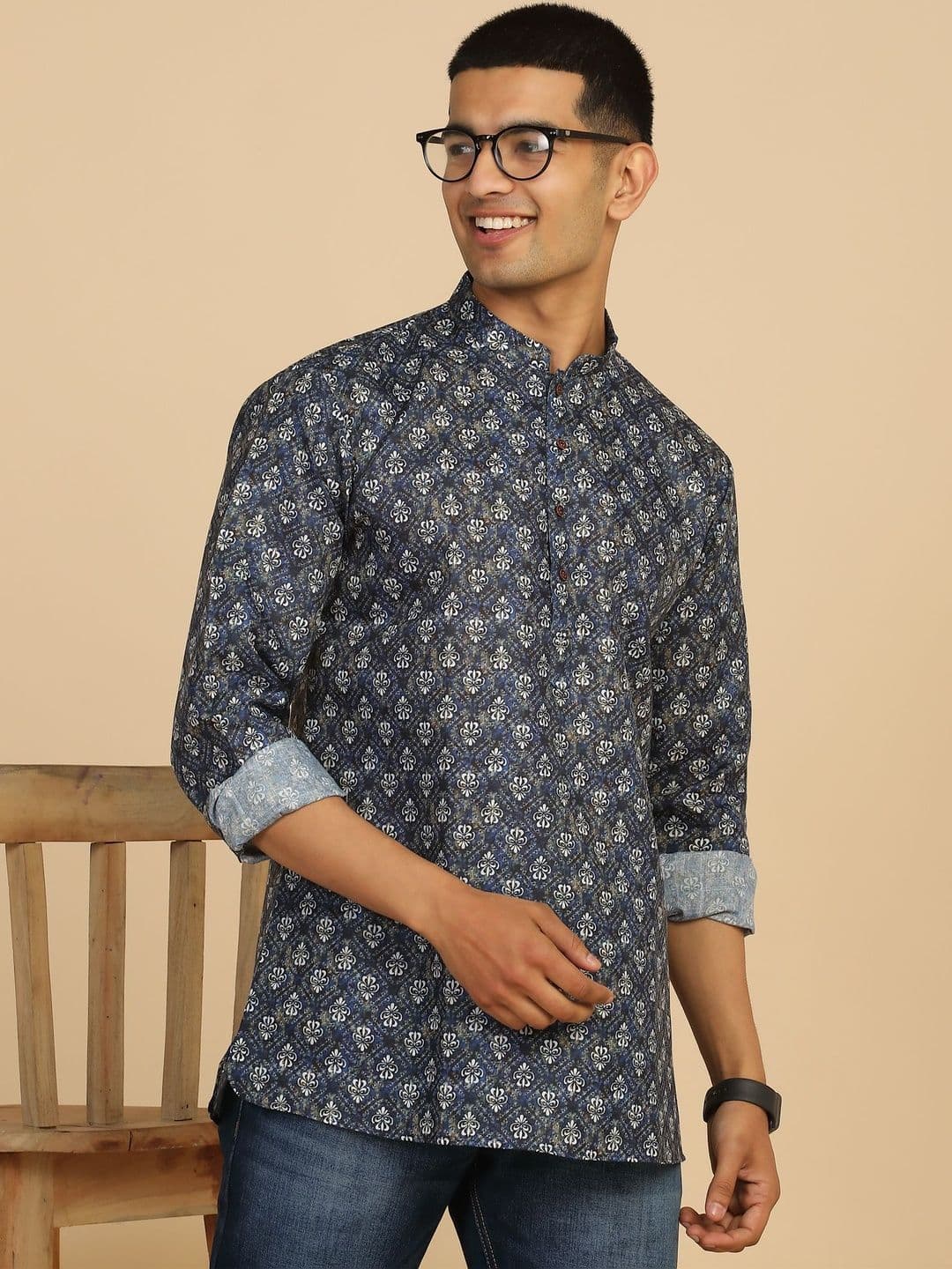 Anouk Mirage Blue Ethnic Printed Roll-Up Sleeve Kurta - view 1