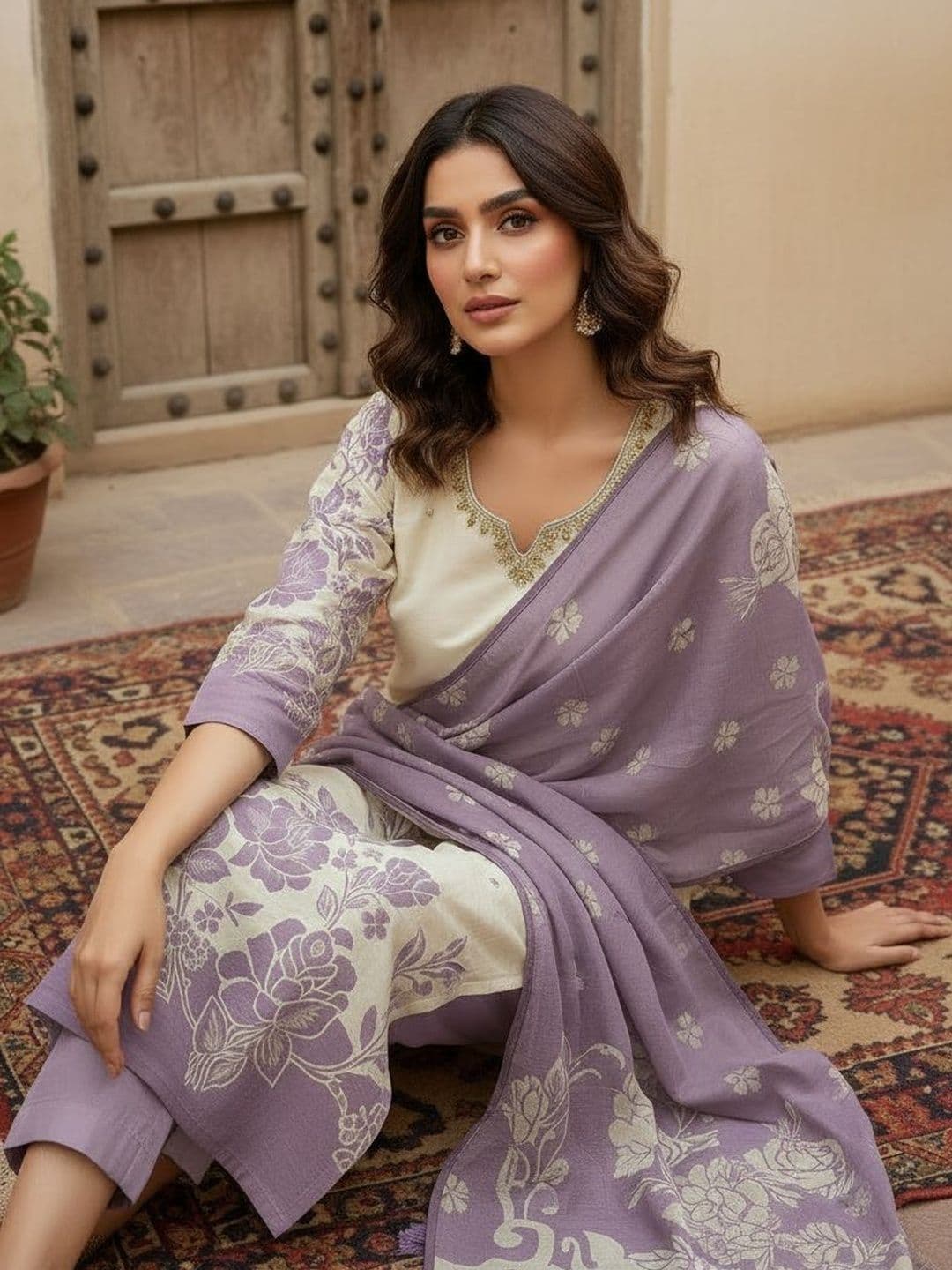Anouk Women Floral Embroidered Regular Thread Work Pure Cotton Kurta with Trousers & With Dupatta - view 1