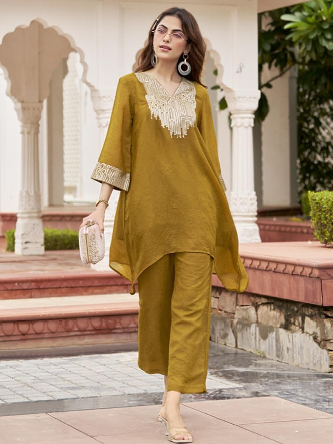 Anouk Women Mustard Embroidered Tunic & Trousers Co-Ords - view 1