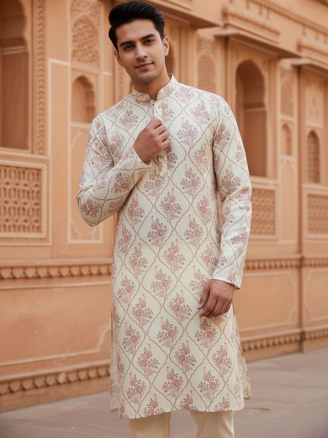Anouk Floral Printed Mandarin Collar Linen Kurta - view 1