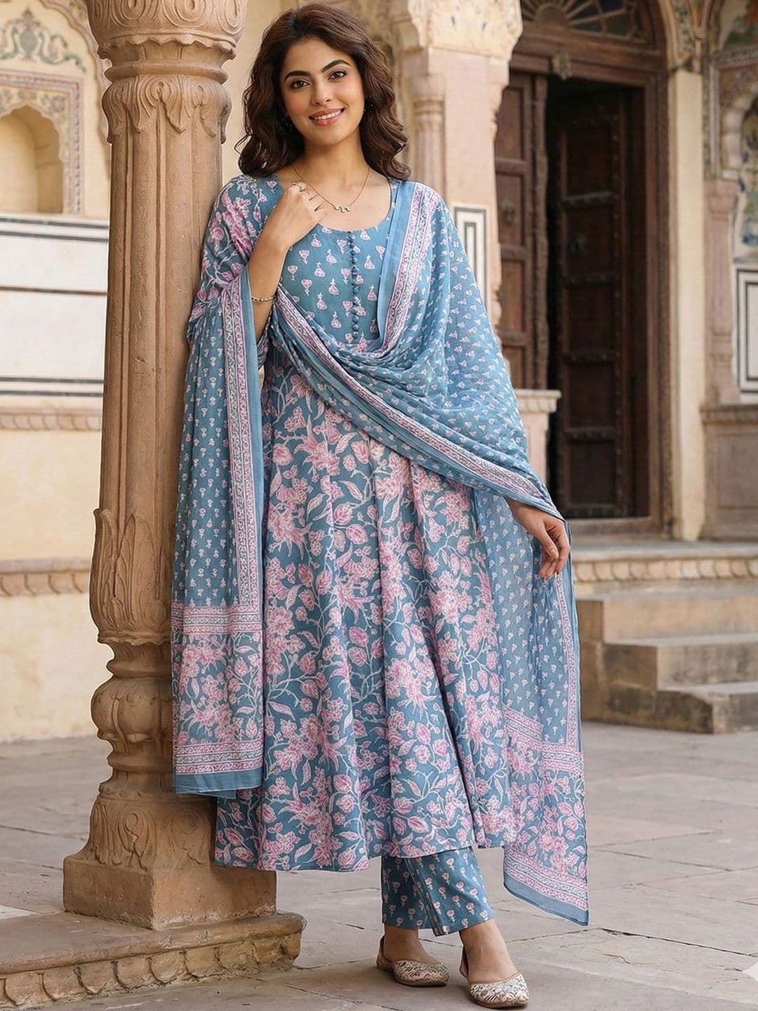 Anouk Women Floral Printed Empire Pure Cotton Kurta with Trousers & With Dupatta - view 1