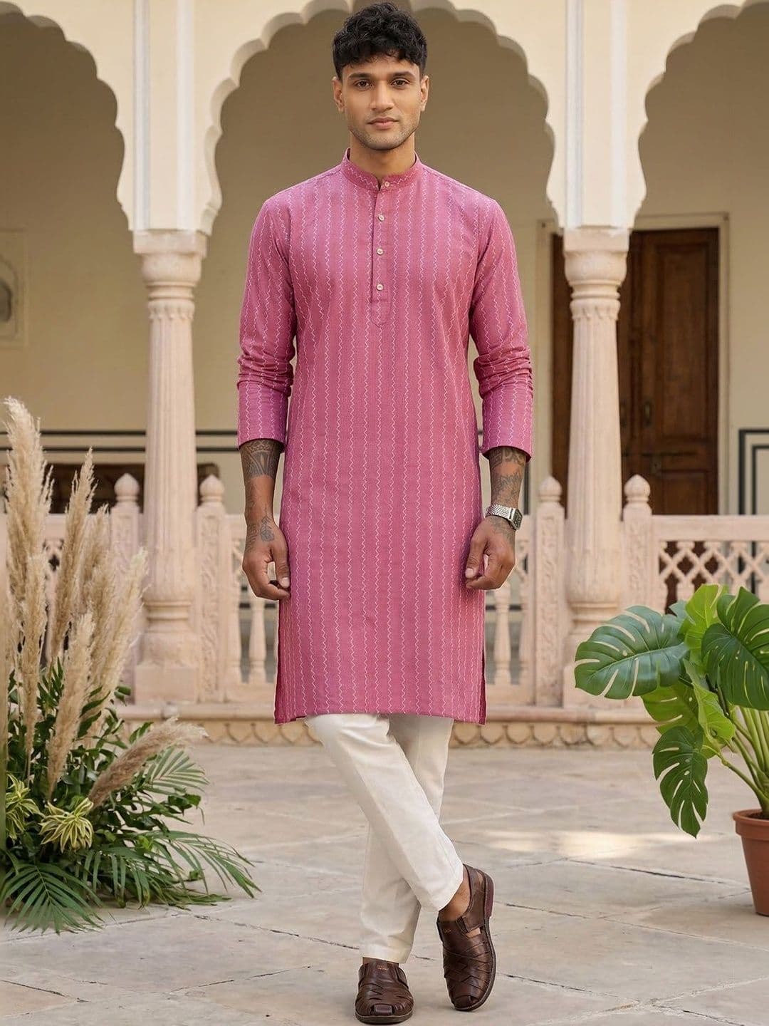 Anouk Striped Band Collar Straight Kurta - view 1