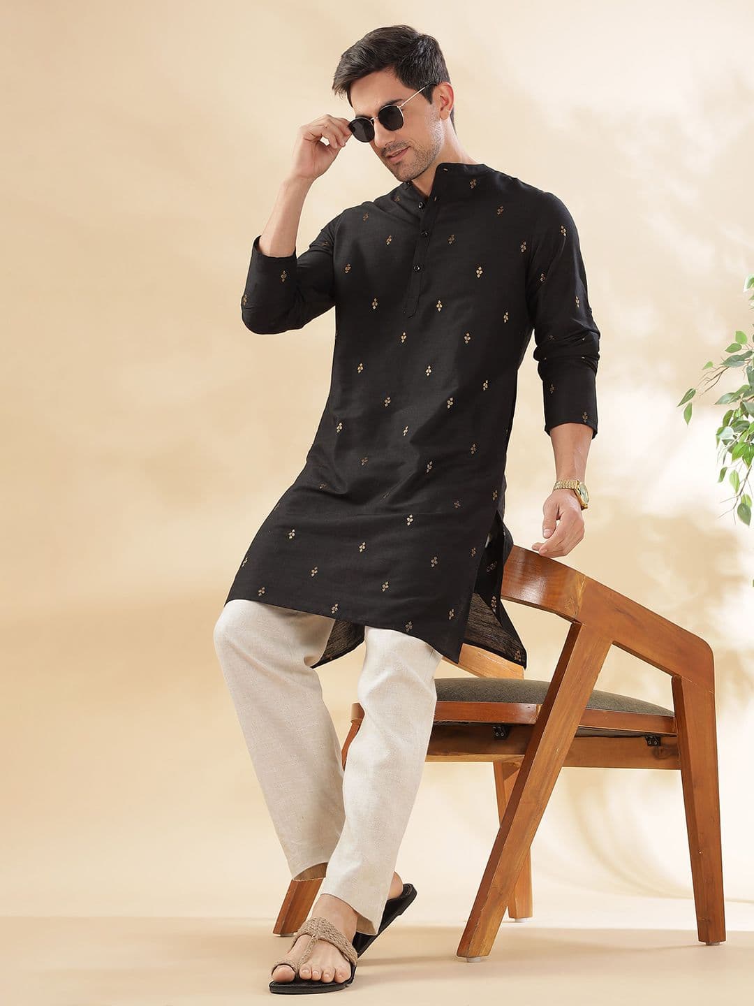 Anouk Men Ethnic Motifs Woven Design Mandarin Collar Thread Work Straight Kurta - view 1