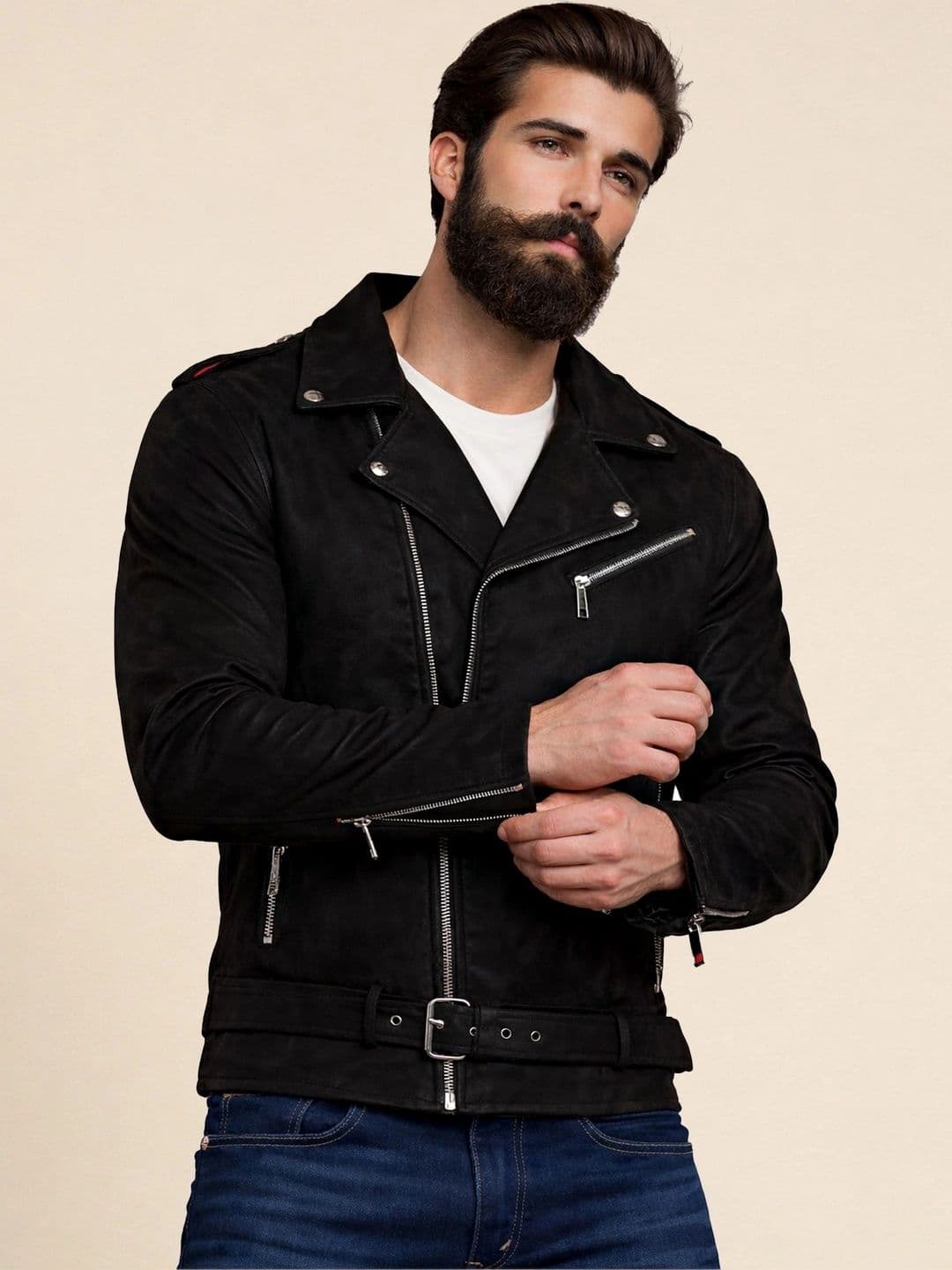 Leather Retail Men Suede Outdoor Biker Jacket - view 1