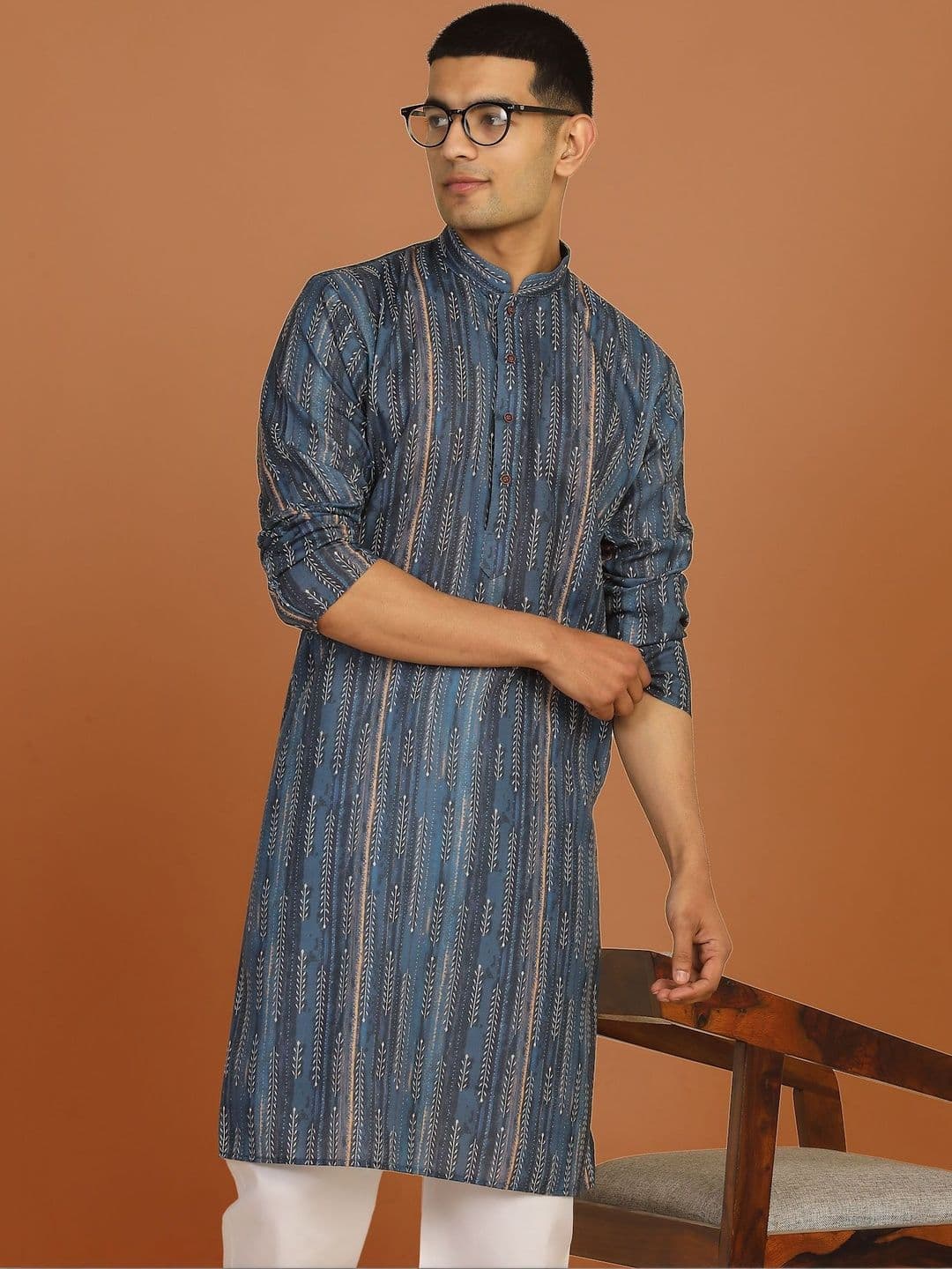 Anouk Mirage Floral Striped Blue Kurta - view 1