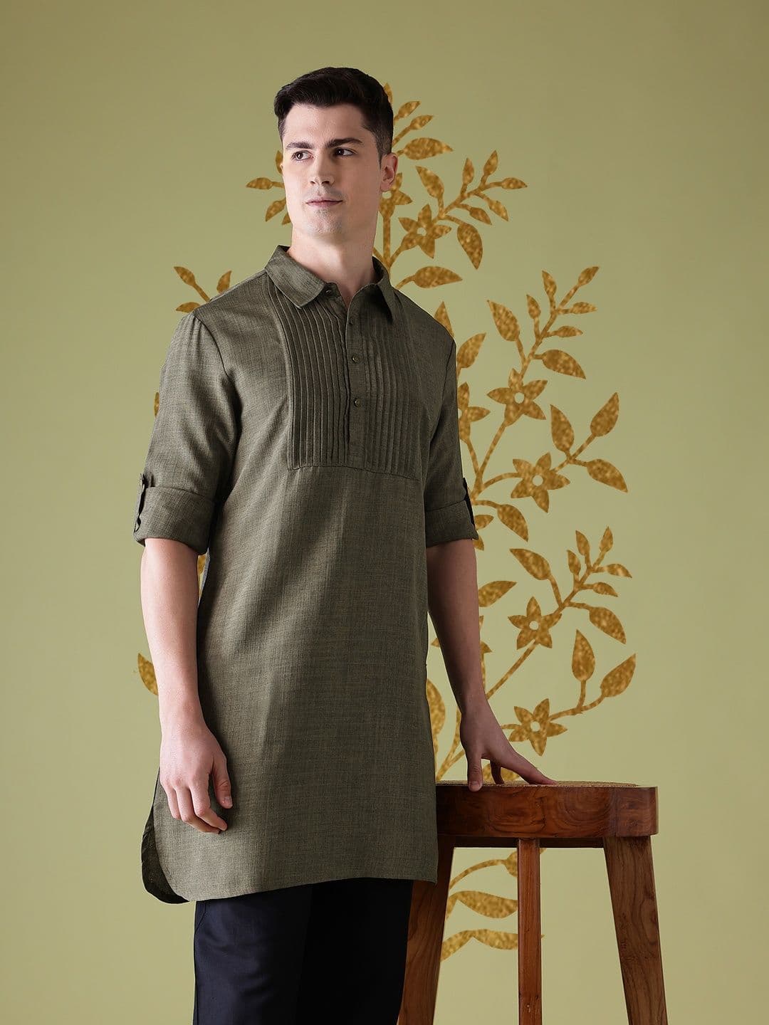 Anouk Shirt Collar Roll-Up Sleeves Pleated Straight Kurta - view 1