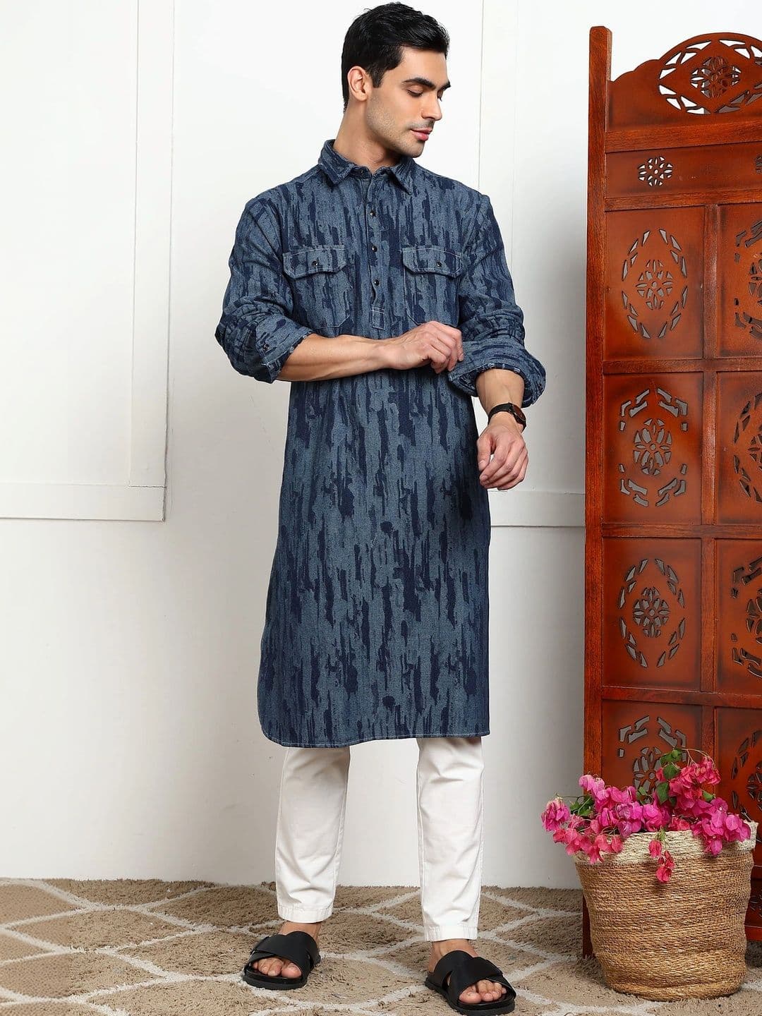 Anouk Men Printed Denim Kurta - view 1